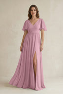 Vintage Mauve Short Sleeve V-Neck A-Line Chiffon Bridesmaid Dress | KISSBRIDAL