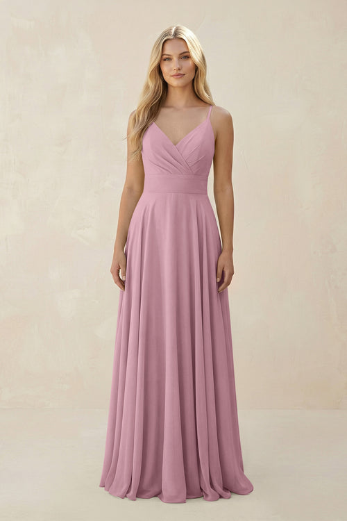 Vintage Mauve Spaghetti Strap A-Line Chiffon Bridesmaid Dress | KISSBRIDAL