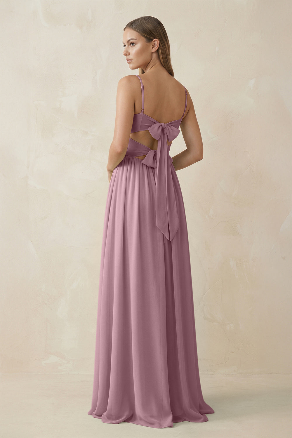 Spaghetti Strap Pleated A-Line Chiffon Bridesmaid Dress in Vintage Mauve
