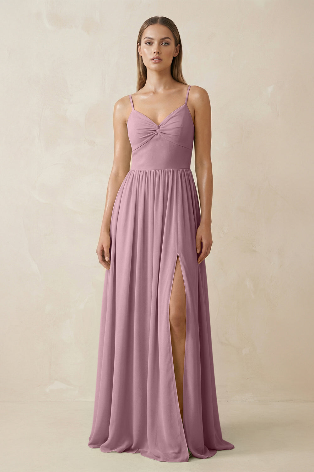 Spaghetti Strap Pleated A-Line Chiffon Bridesmaid Dress in Vintage Mauve