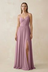 Vintage Mauve Spaghetti Strap Pleated A-Line Chiffon Bridesmaid Dress | KISSBRIDAL