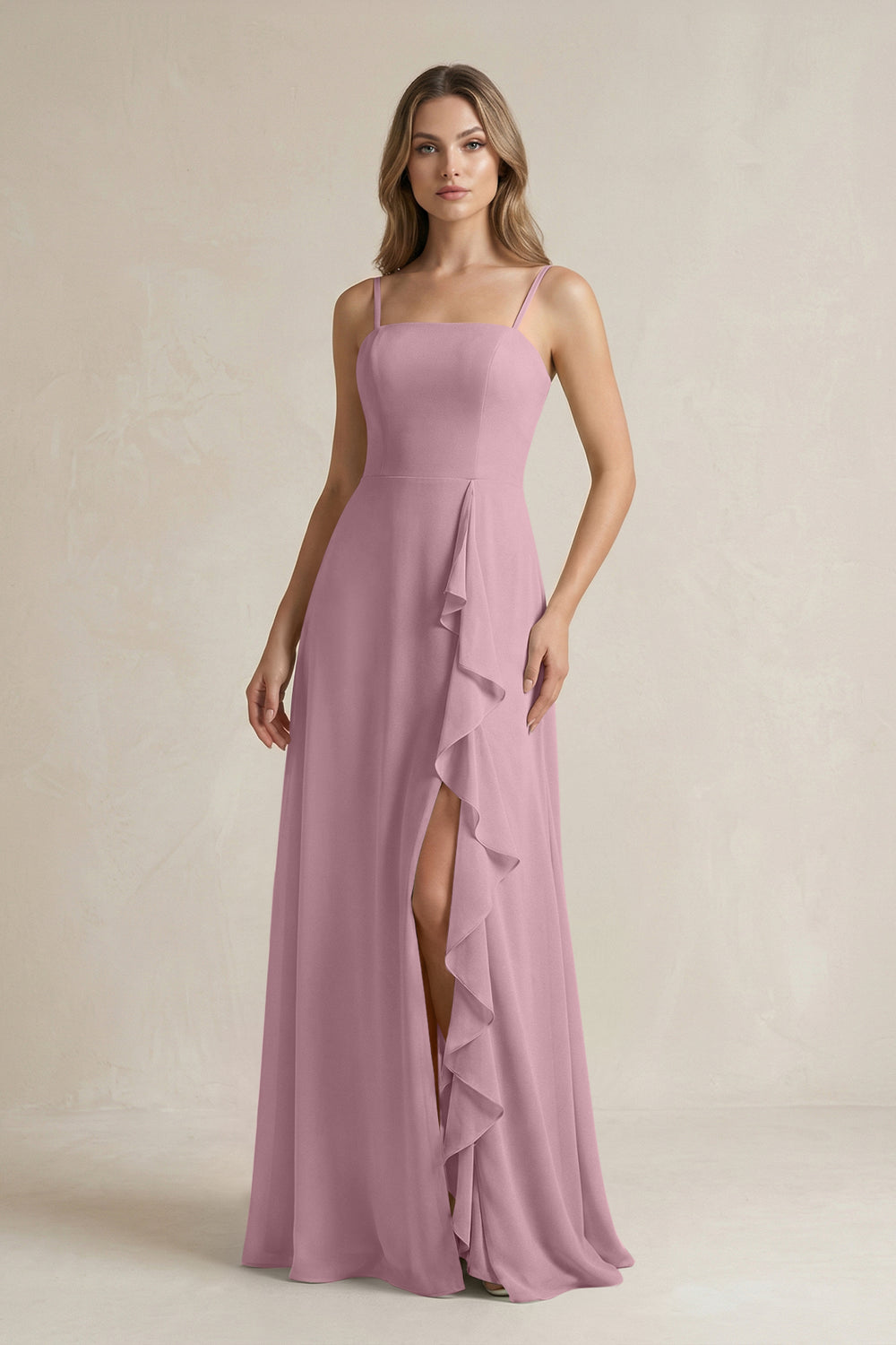 Spaghetti Strap Ruffled A-Line Chiffon Bridesmaid Dress in Vintage Mauve