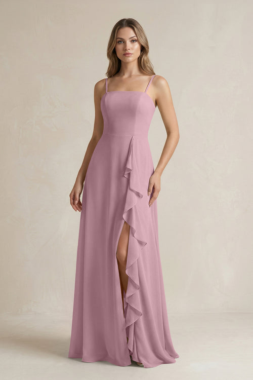 Vintage Mauve Spaghetti Strap Ruffled A-Line Chiffon Bridesmaid Dress | KISSBRIDAL