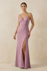 Vintage Mauve Spaghetti Strap Sheath Chiffon Bridesmaid Dress With Slit | KISSBRIDAL