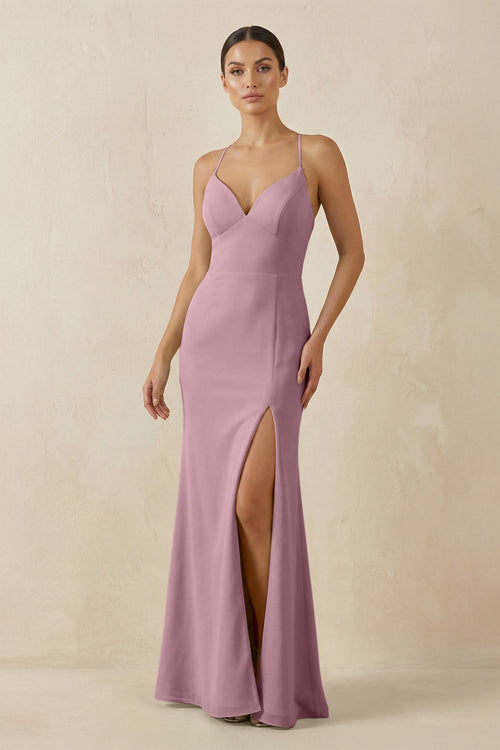 Vintage Mauve Spaghetti Strap Sheath Chiffon Bridesmaid Dress With Slit | KISSBRIDAL