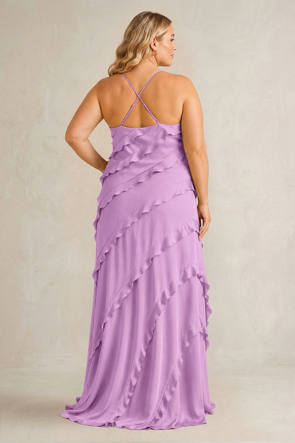 Vintage Mauve Spaghetti Straps Sheath Stain Ruffled Bridesmaid Dress (2) | KISSBRIDAL[sizeplus]