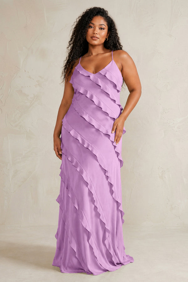 Vintage Mauve Spaghetti Straps Sheath Stain Ruffled Bridesmaid Dress (3) | KISSBRIDAL[sizeplus]