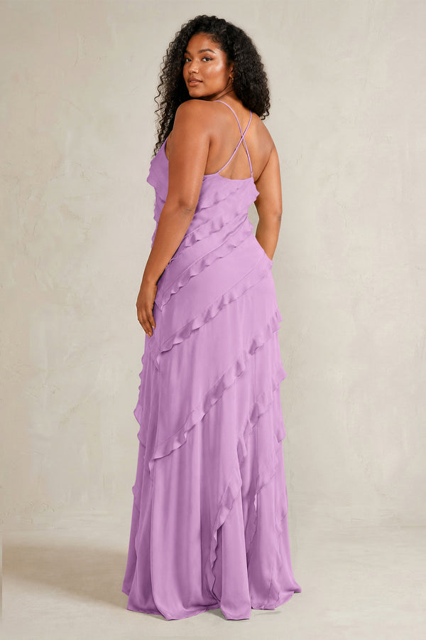 Vintage Mauve Spaghetti Straps Sheath Stain Ruffled Bridesmaid Dress (4) | KISSBRIDAL[sizeplus]