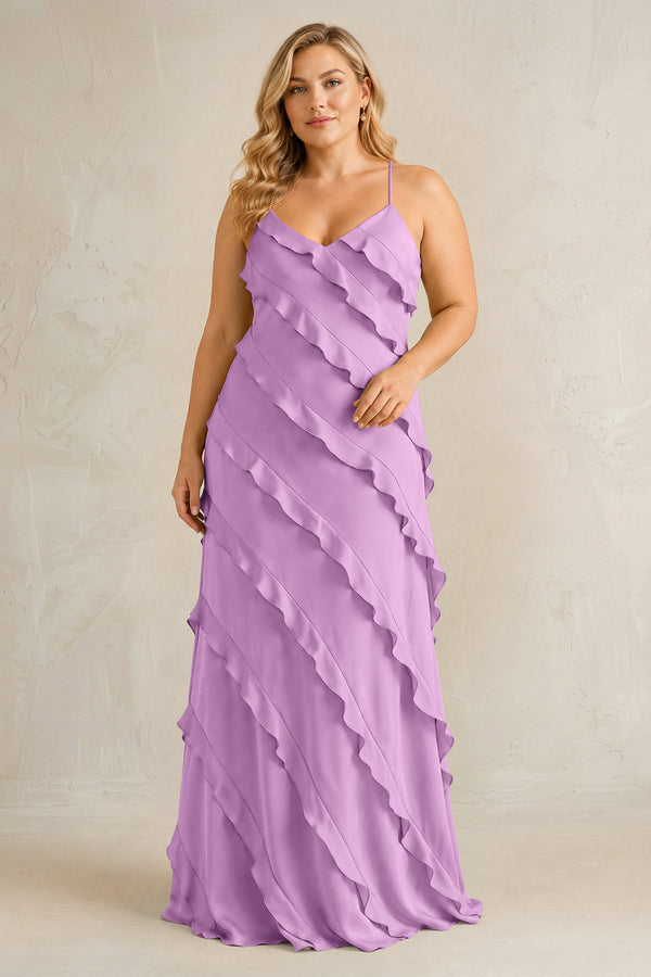 Vintage Mauve Spaghetti Straps Sheath Stain Ruffled Bridesmaid Dress | KISSBRIDAL[sizeplus]
