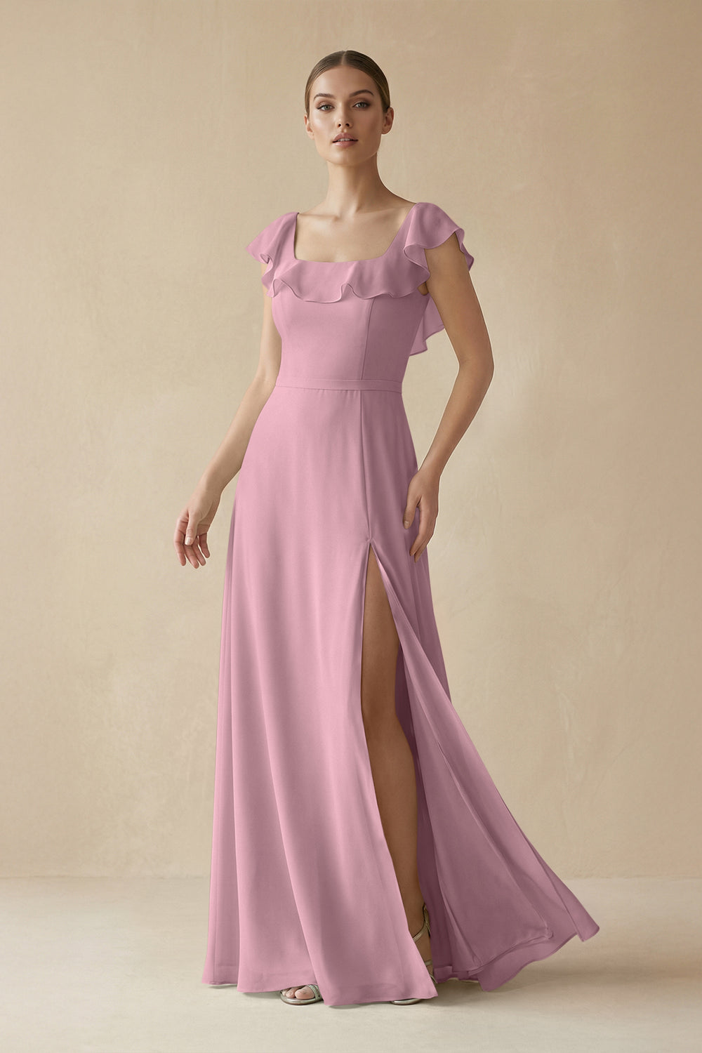 Square Neck A-Line Bridesmaid Dress with Ruffles in Vintage Mauve