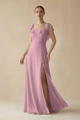 Vintage Mauve Square Neck A-Line Bridesmaid Dress with Ruffles | KISSBRIDAL