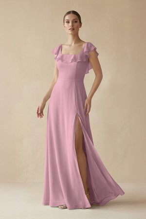 Vintage Mauve Square Neck A-Line Bridesmaid Dress with Ruffles | KISSBRIDAL