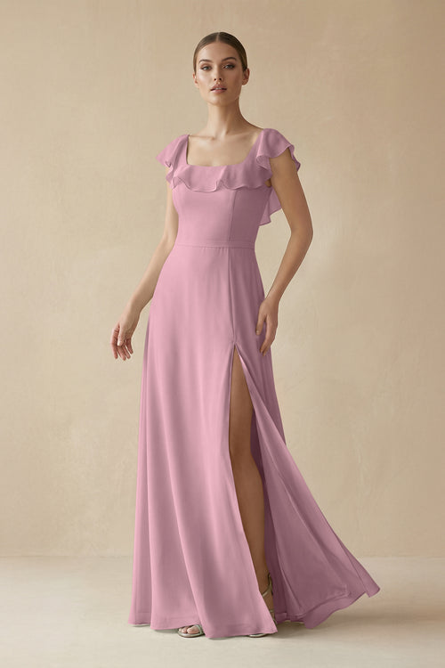 Vintage Mauve Square Neck A-Line Bridesmaid Dress with Ruffles | KISSBRIDAL