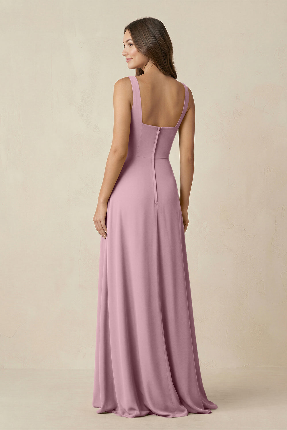 Square Neck A-Line Bridesmaid Dress With Slit in Vintage Mauve