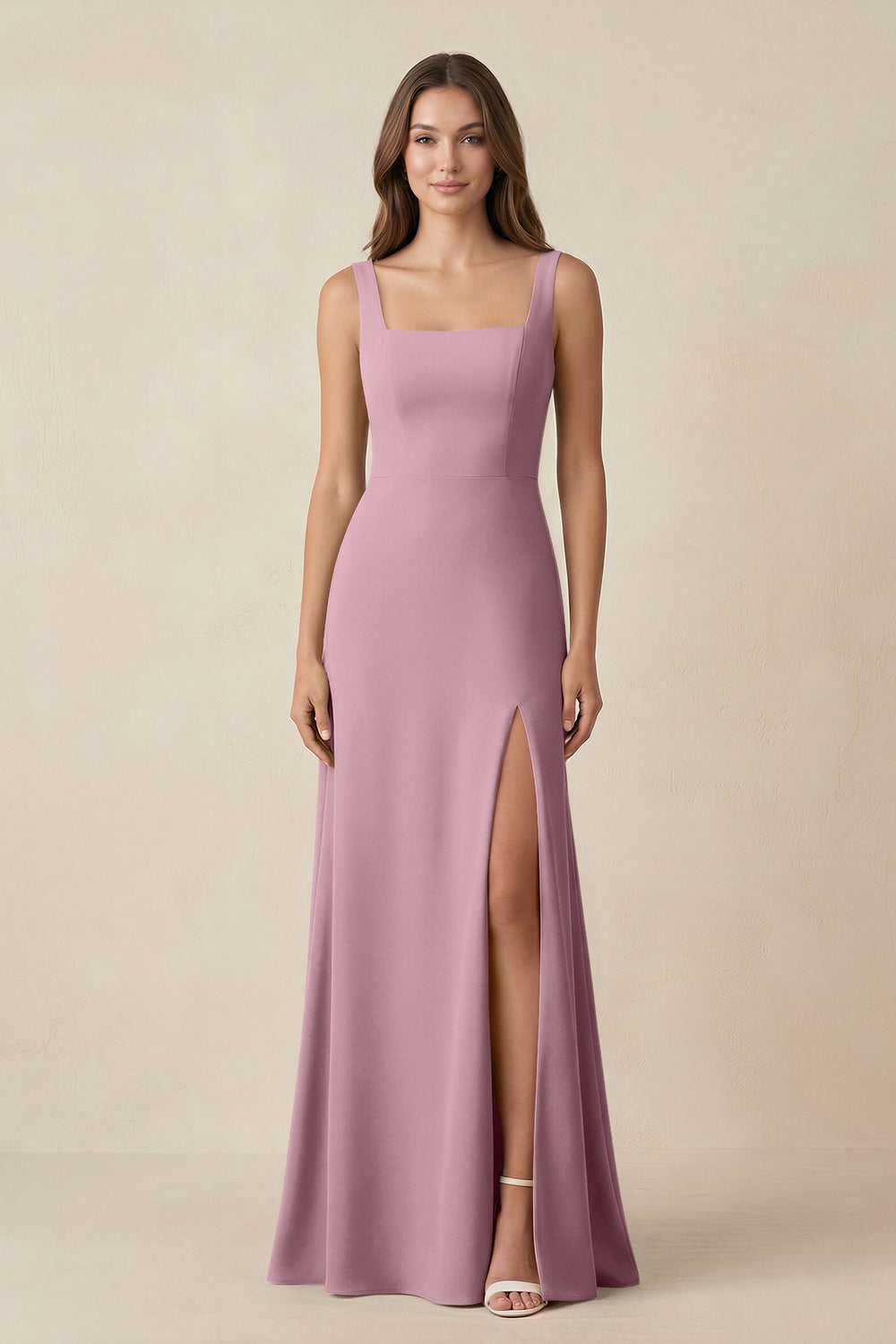 Square Neck A-Line Bridesmaid Dress With Slit in Vintage Mauve