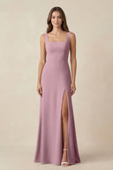 Vintage Mauve Square Neck A-Line Bridesmaid Dress With Slit | KISSBRIDAL
