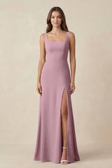 Vintage Mauve Square Neck A-Line Bridesmaid Dress With Slit | KISSBRIDAL