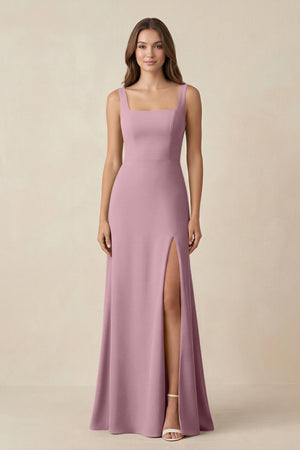 Vintage Mauve Square Neck A-Line Bridesmaid Dress With Slit | KISSBRIDAL