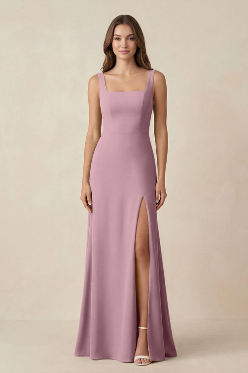 Vintage Mauve Square Neck A-Line Bridesmaid Dress With Slit | KISSBRIDAL