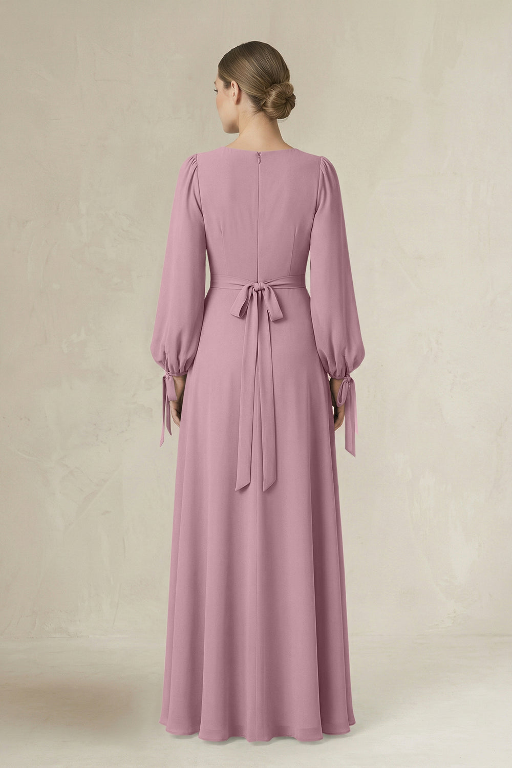 Square Neck Long Sleeve A-Line Chiffon Bridesmaid Dress in Vintage Mauve