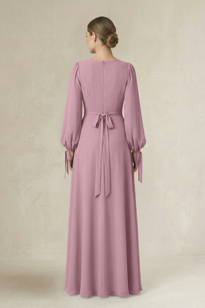 Vintage Mauve Square Neck Long Sleeve A-Line Chiffon Bridesmaid Dress in Vintage Mauve (2) | KISSBRIDAL