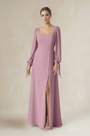 Vintage Mauve Square Neck Long Sleeve A-Line Chiffon Bridesmaid Dress in Vintage Mauve | KISSBRIDAL