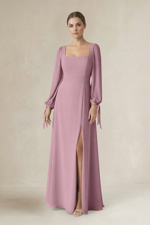 Vintage Mauve Square Neck Long Sleeve A-Line Chiffon Bridesmaid Dress in Vintage Mauve | KISSBRIDAL