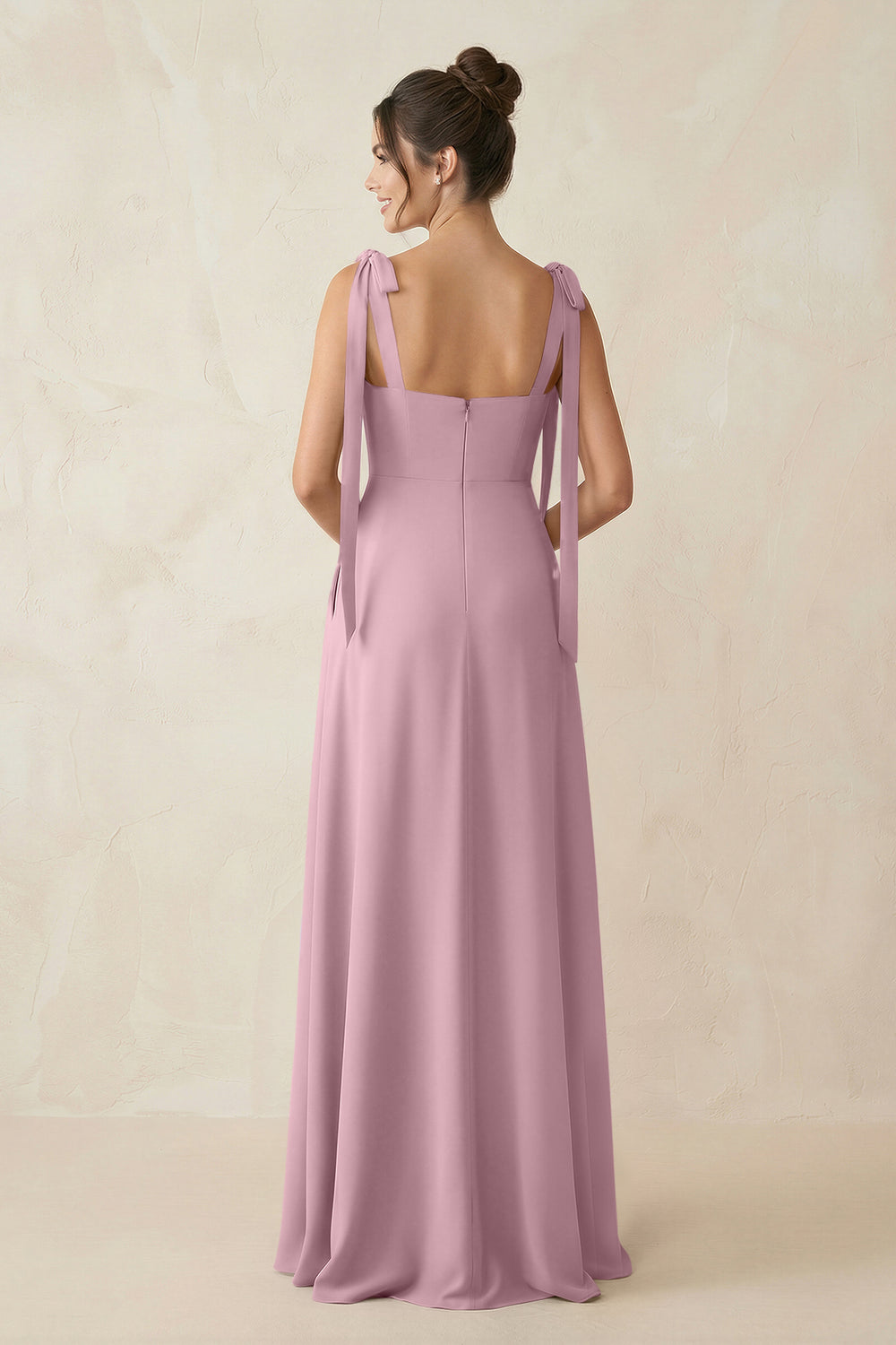 Square Neck Sheath Chiffon Bridesmaid Dress with Bow in Vintage Mauve
