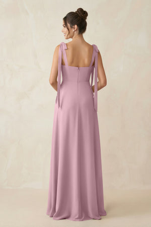 Vintage Mauve Square Neck Sheath Chiffon Bridesmaid Dress with Bow (2) | KISSBRIDAL