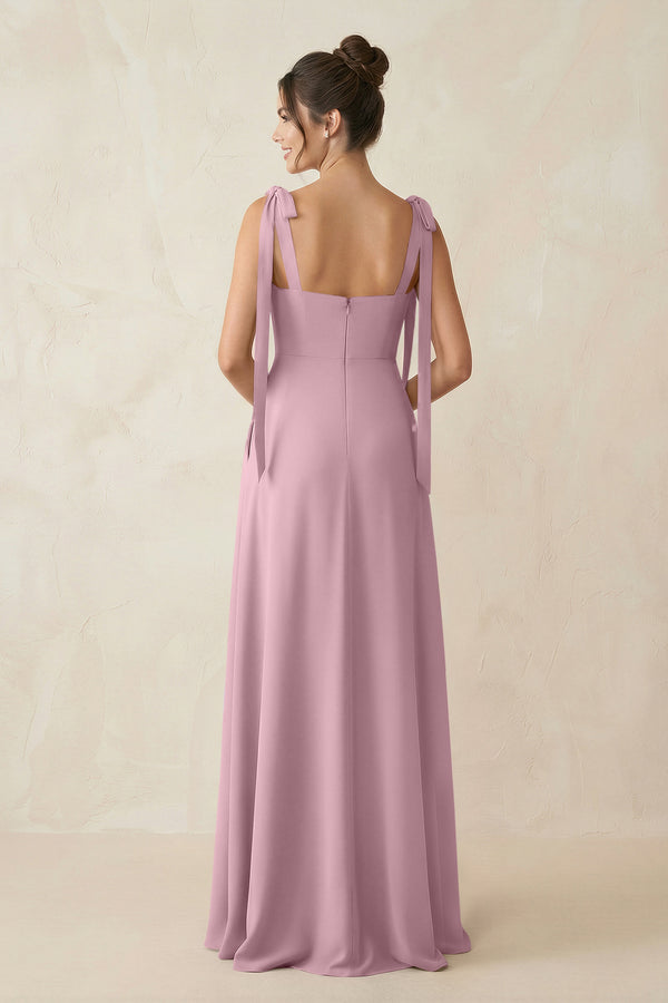 Vintage Mauve Square Neck Sheath Chiffon Bridesmaid Dress with Bow (2) | KISSBRIDAL