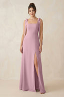 Vintage Mauve Square Neck Sheath Chiffon Bridesmaid Dress with Bow | KISSBRIDAL