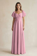 Vintage Mauve Sweetheart Puff Sleeve A-Line Chiffon Bridesmaid Dress | KISSBRIDAL