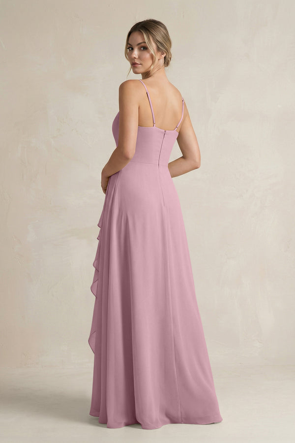 Vintage Mauve Sweetheart Ruffled A-Line Chiffon Bridesmaid Dress with Slit (2) | KISSBRIDAL