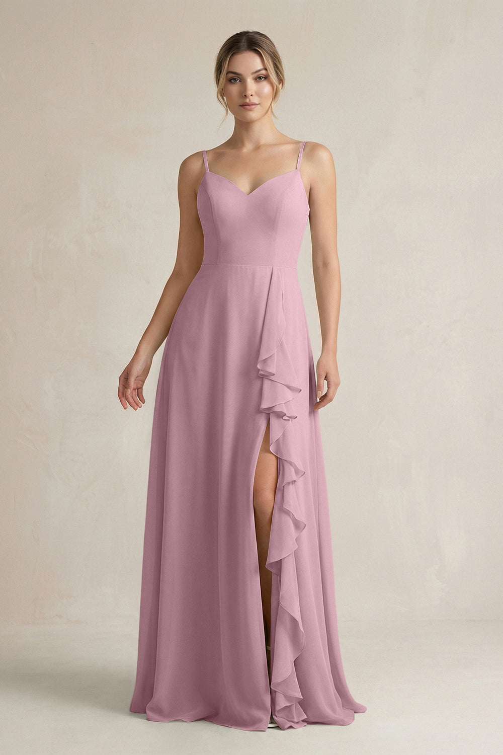 Sweetheart Ruffled A-Line Chiffon Bridesmaid Dress with Slit in Vintage Mauve