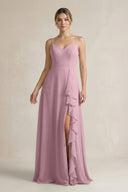 Vintage Mauve Sweetheart Ruffled A-Line Chiffon Bridesmaid Dress with Slit | KISSBRIDAL