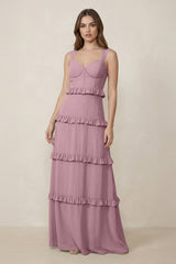 Vintage Mauve Sweetheart Tiered A-Line Chiffon Bridesmaid Dress | KISSBRIDAL