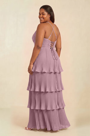 Vintage Mauve Tiered Pleated V-Neck A-Line Chiffon Bridesmaid Dress (2) [sizeplus] | KISSBRIDAL