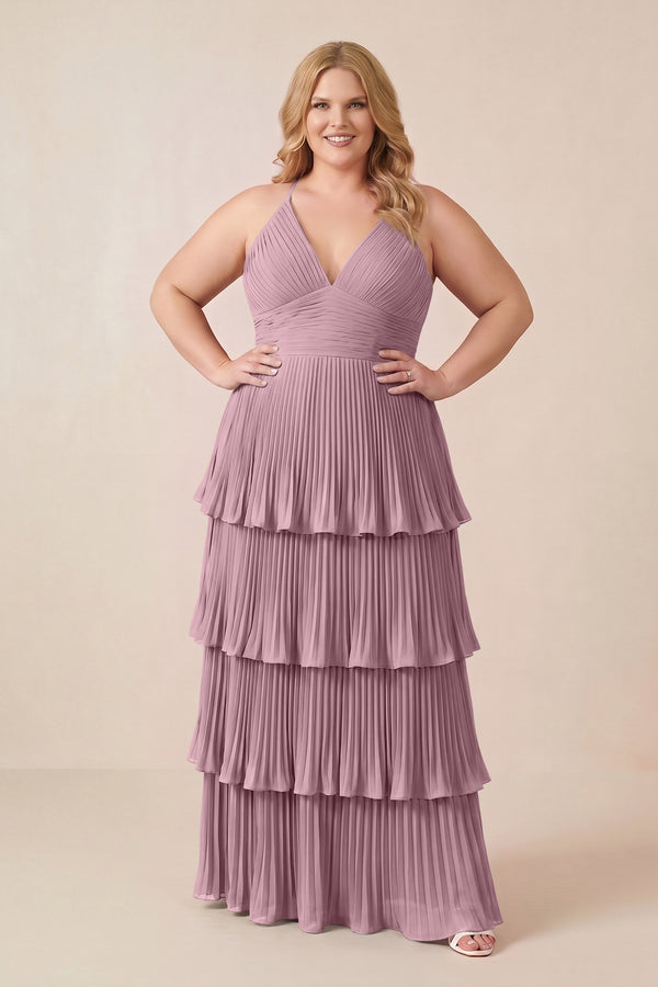 Vintage Mauve Tiered Pleated V-Neck A-Line Chiffon Bridesmaid Dress (3) [sizeplus] | KISSBRIDAL