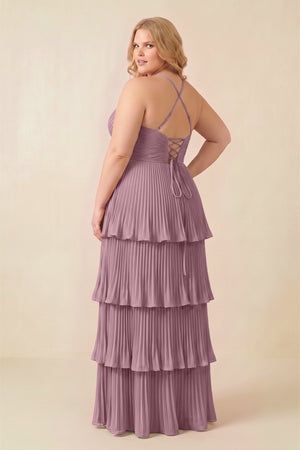 Vintage Mauve Tiered Pleated V-Neck A-Line Chiffon Bridesmaid Dress (4) [sizeplus] | KISSBRIDAL