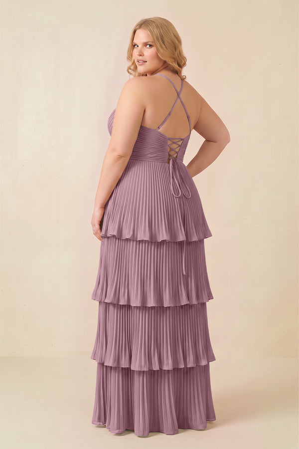 Vintage Mauve Tiered Pleated V-Neck A-Line Chiffon Bridesmaid Dress (4) [sizeplus] | KISSBRIDAL