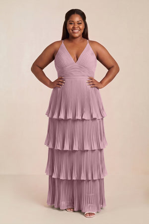 Vintage Mauve Tiered Pleated V-Neck A-Line Chiffon Bridesmaid Dress [sizeplus] | KISSBRIDAL