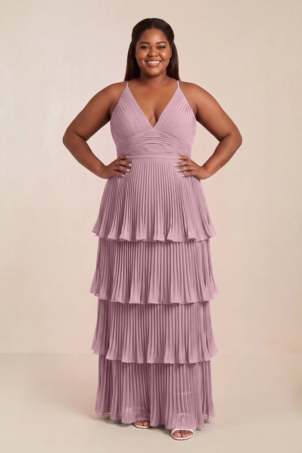 Vintage Mauve Tiered Pleated V-Neck A-Line Chiffon Bridesmaid Dress [sizeplus] | KISSBRIDAL