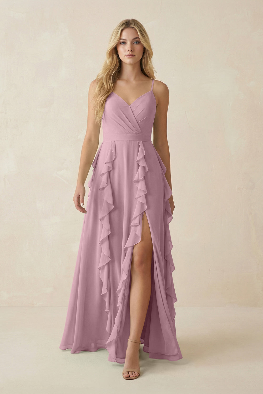 Tiered Ruffle A-Line Chiffon Bridesmaid Dress in Vintage Mauve