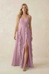 Vintage Mauve Tiered Ruffle A-Line Chiffon Bridesmaid Dress | KISSBRIDAL