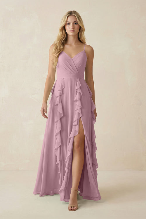 Vintage Mauve Tiered Ruffle A-Line Chiffon Bridesmaid Dress | KISSBRIDAL