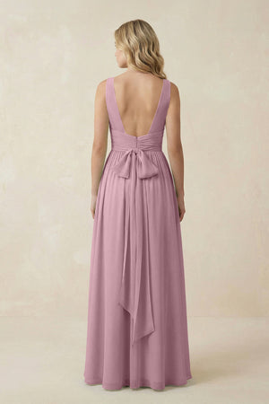 Vintage Mauve V-Neck A-Line Bridesmaid Dress with Back Bow (2) | KISSBRIDAL
