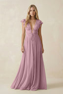 Vintage Mauve V-Neck A-Line Chiffon Cap Sleeves Bridesmaid Dress | KISSBRIDAL