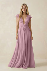 Vintage Mauve V-Neck A-Line Chiffon Cap Sleeves Bridesmaid Dress | KISSBRIDAL