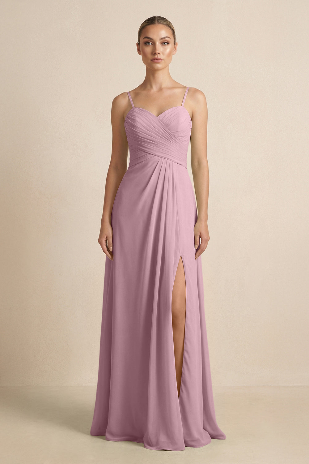 V-Neck A-Line Chiffon Pleated Bridesmaid Dress in Vintage Mauve