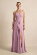 Vintage Mauve V-Neck A-Line Chiffon Pleated Bridesmaid Dress | KISSBRIDAL